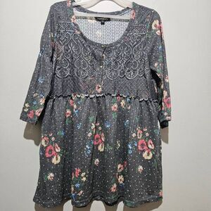 Women's Suzanne Betro Blue Gray Floral Lace Front 3/4 Sleeve Tunic Size L